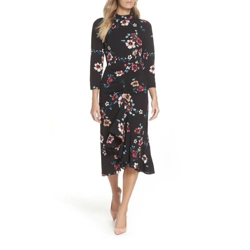🖤 ELIZA J Black Pink Red Floral Print Ruffle Mock High‎ Neck Cut-out Dress 8